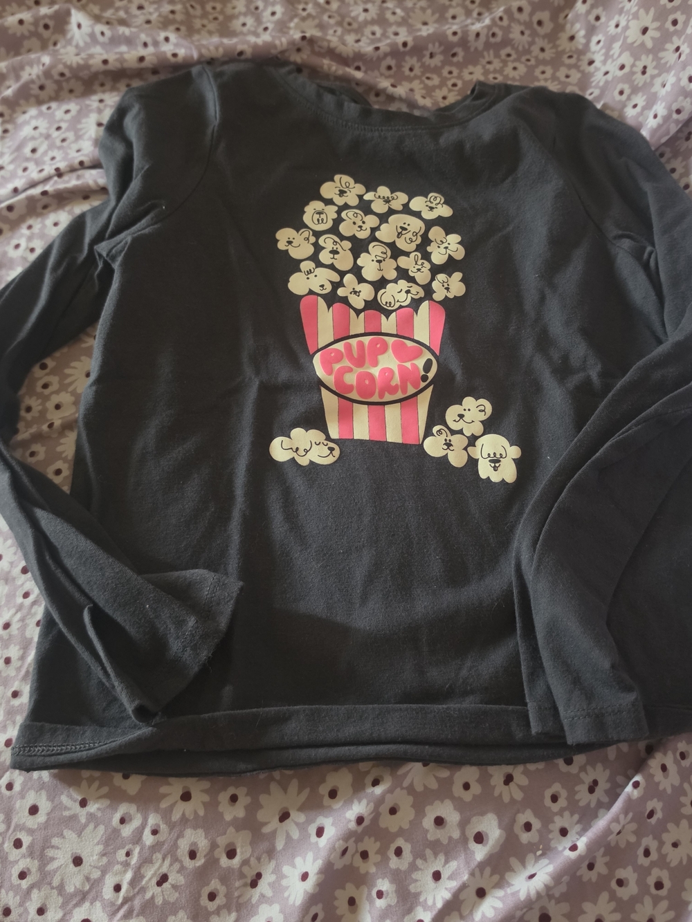 Cat & Jack Black Long-Sleeve 'Pupcorn' Graphic Tee with Pink and Cream Accents
